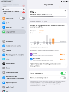 Активность приложений в разделе «Аккумулятор» на iPad