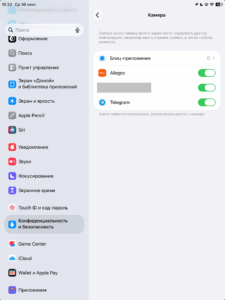 Доступ приложений к камере в настройках конфиденциальности iPad