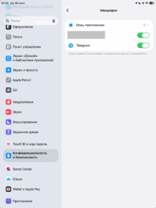 Доступ приложений к микрофону в настройках конфиденциальности iPad