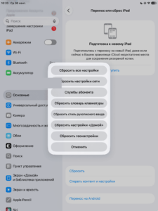 Меню «Сбросить» на iPad с пунктом «Сбросить настройки сети»